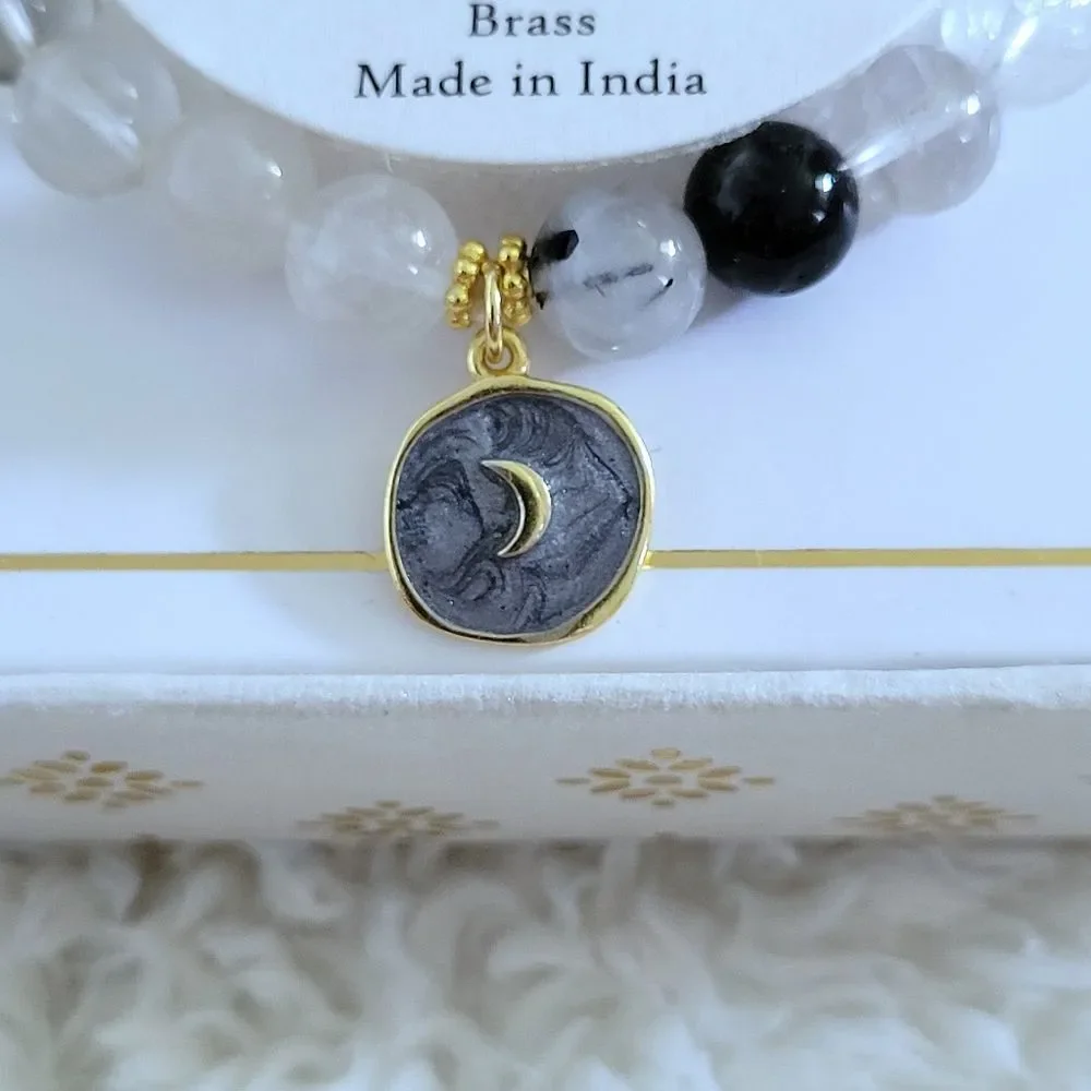 Shivam Mixed Quartz Stretch Bracelet with Crescent Moon🌙 Charm - NIB